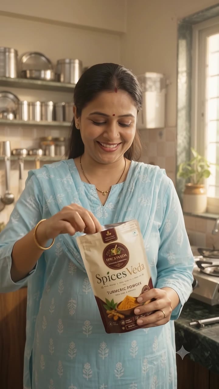 Turmeric Powder product film poster in an Indian home kitchen
