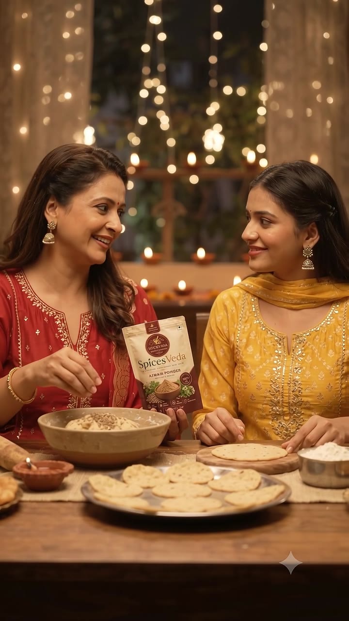Ajwain Powder product film poster in an Indian home kitchen
