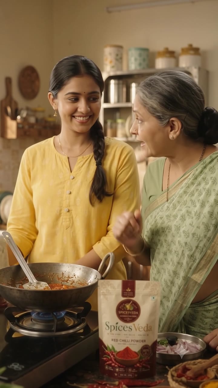 Red Chilli Powder product film poster in an Indian home kitchen